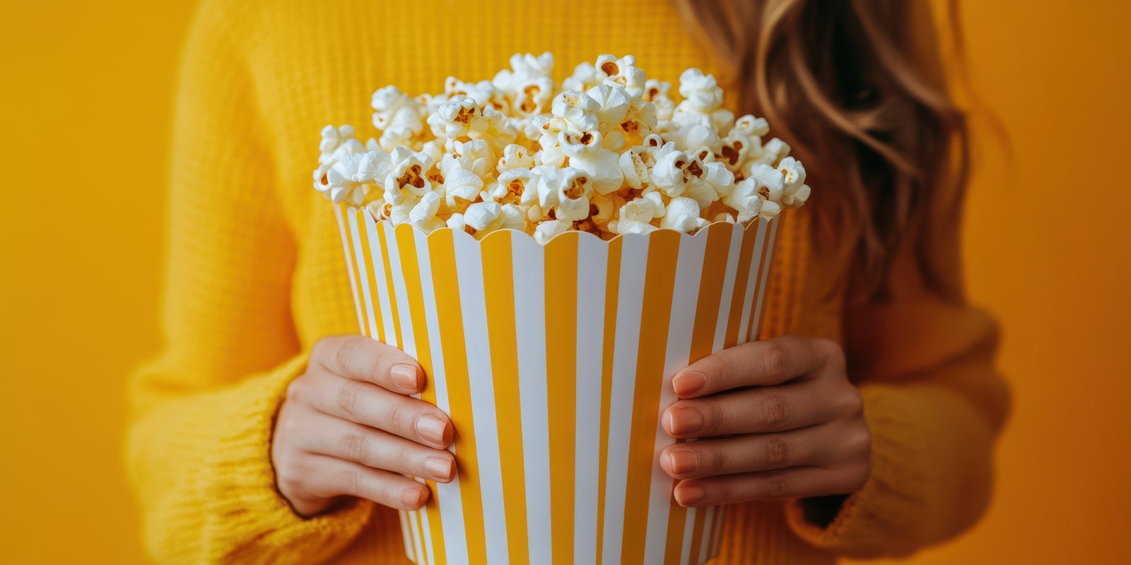 Enjoying a fresh bucket of popcorn in a cozy, bright yellow setting during a movie night with friends
